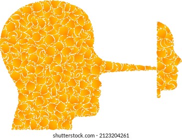 Vector gold liar mask mosaic icon. Liar mask is isolated on a white background. Gold items collage based on liar mask icon. Mosaic liar mask iconic image is formed from yellow items.