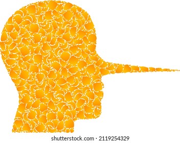 Vector gold liar person mosaic icon. Liar person is isolated on a white background. Gold items mosaic based on liar person icon. Mosaic liar person iconic image is created from yellow parts.