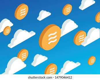 Vector of Gold Libra coins on the sky with the clouds. Illustration of blockchain digital money Libra cryptocurrency in isometric style.