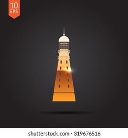 Vector gold lighthouse icon on dark background 