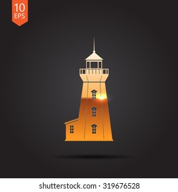 Vector gold lighthouse icon on dark background 