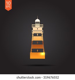 Vector gold lighthouse icon on dark background 