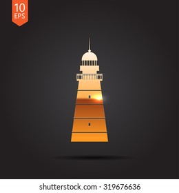 Vector gold lighthouse icon on dark background 