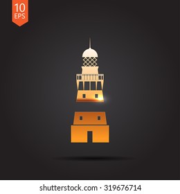 Vector gold lighthouse icon on dark background 