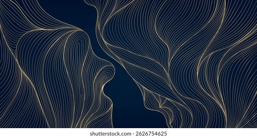 Vector gold line abstract wave pattern, elegant flow luxury texture design, wavy element, Japanese style background. Curve premium shape