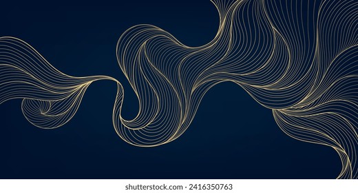 Vector gold line abstract wavy background, luxury curve texture, graphic geometric element. Premium wallpaper, japanese style ocean, fancy label, premium ornament