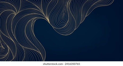 Vector gold line abstract wavy background, luxury curve texture, graphic geometric element. Premium wallpaper, japanese style ocean, fancy label, premium ornament