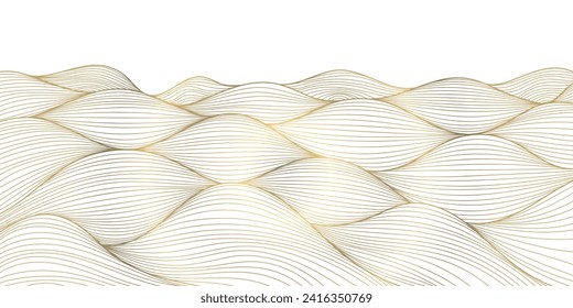 Fondo ondulado abstracto de línea dorada vectorial, textura de curva de lujo, elemento geométrico gráfico. Papel de pared de primera calidad, océano al estilo japonés, etiqueta elegante, adorno premium