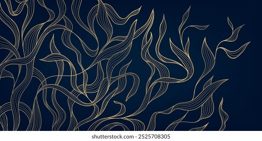 Vector gold line algae, grass, plant illustration. Luxury leaves wavy design, under sea floral background