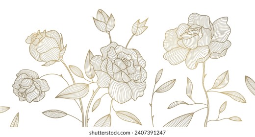 Vector gold line flower pattern, luxury art background. Leaves and roses abstract wallpaper, texture plant ornament, wedding illustration. 