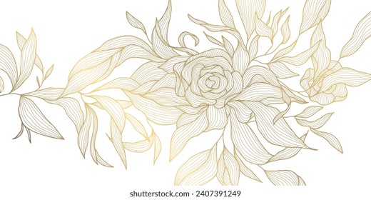 Vector gold line flower pattern, luxury art background. Leaves and roses abstract wallpaper, texture plant ornament, wedding illustration. 