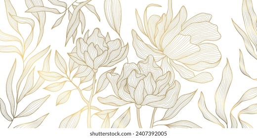 Vector gold line flower pattern, luxury art background. Leaves and peonies abstract wallpaper, texture plant ornament, wedding illustration. 