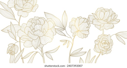 Vector gold line flower pattern, luxury art background. Leaves and peonies abstract wallpaper, texture plant ornament, wedding illustration. 