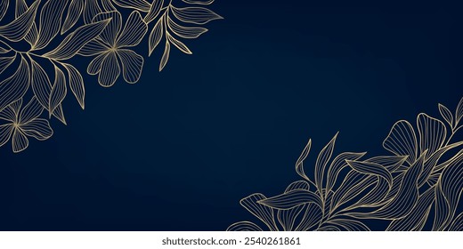 Fondo de flores de línea de oro de Vector, patrón de arte elegante de lujo, tarjeta de boda de la naturaleza, decoración de la flor. 