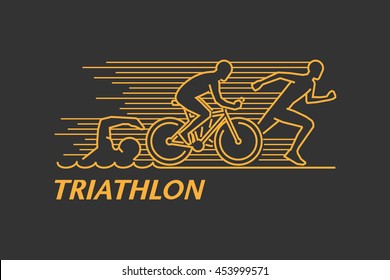 Vector gold line logo triathlon. Figures triathletes on a black background. Swimming, cycling and running symbol. Open path.