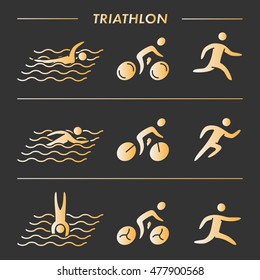 Vector gold line logo triathlon. Figures triathletes on a black background. Swimming, cycling and running symbol. Open path.