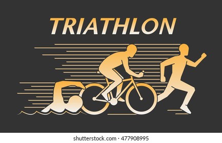 Vector gold line logo triathlon. Figures triathletes on a black background. Swimming, cycling and running symbol. Open path.
