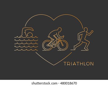 Vector gold line logo triathlon. Figures triathletes on a black background. Swimming, cycling and running symbol. Open path.