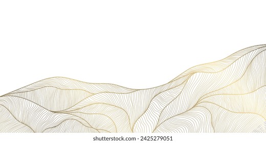 Vector gold line mountain background, nature landscape graphic, japanese wave illustration. Land, relief pattern, wall art