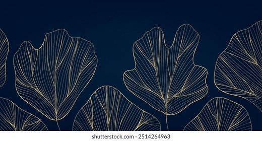 Vector gold line trees, leaves texture on dark blue background. Luxury print, elegant floral art, autumn fall ornament