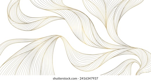 Vector gold line wave background, abstract luxury elegant pattern. Glitter flow japanese style shape, river, sea cover