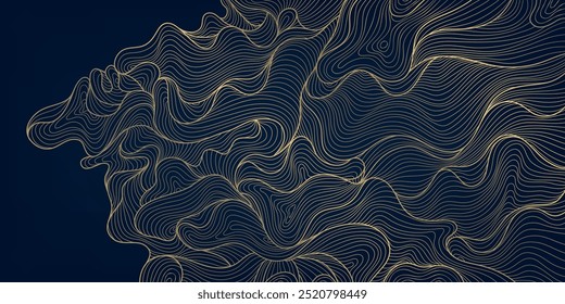 Vector gold line wave background, glitter on black premium flow illustration. Japanese copper vintage pattern, luxury fancy ornament, hand drawn