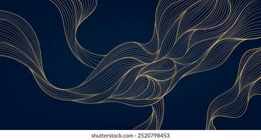 Vector gold line wave background, glitter on black premium flow illustration. Japanese copper vintage pattern, luxury fancy ornament, hand drawn