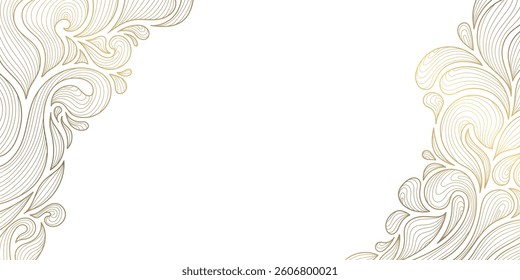Vector gold line wavy leaves border, art deco luxury frame, floral abstract background. Luxury vintage card, wedding nature decoration, corner ornament