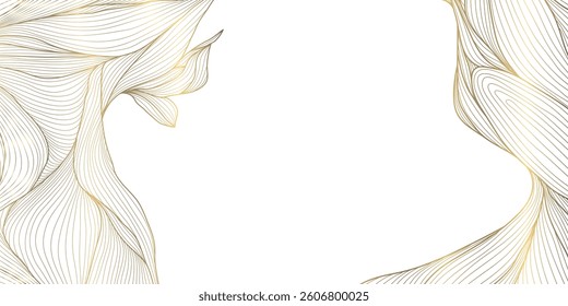 Vector gold line wavy leaves border, art deco luxury frame, floral abstract background. Luxury vintage card, wedding nature decoration, corner ornament