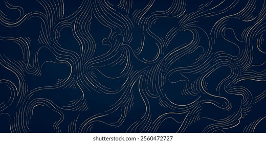 Vector gold line wood texture illustration, organic shape wave pattern, abstract luxury tree graphic, trunk circles, topography map background