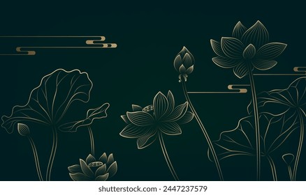 Vector gold linear lotus horizontal illustration