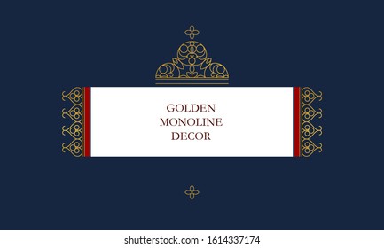 Vector gold lineart frame, vignette, border, monogram design template. Elements in Eastern style. Golden outline floral arabic ornament. Isolated line art ornaments.Gold monoline ornamental decoration