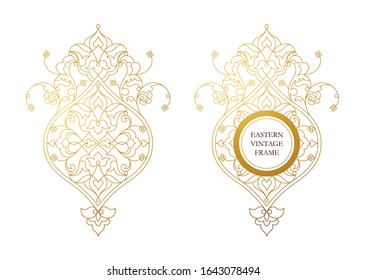 Vector gold lineart frame, vignette, border, monogram design template. Elements in Eastern style. Golden outline floral arabic ornament. Isolated line art ornaments.Gold monoline ornamental decoration