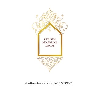 Vector gold lineart frame, vignette, border, monogram design template. Elements in Eastern style. Golden outline floral arabic ornament. Isolated line art ornaments.Gold monoline ornamental decoration