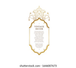 Vector gold lineart frame, vignette, border, monogram design template. Elements in Eastern style. Golden outline floral arabic ornament. Isolated line art ornaments.Gold monoline ornamental decoration