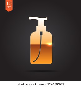 Vector gold liquid soap bottle on dark background . Cosmetic icon 