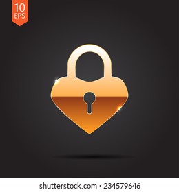Vector gold lock heart icon isolated on dark background. Eps10