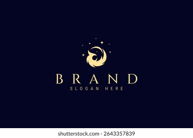 Vector gold logo abstract image of Phoenix bird decorated with stars
