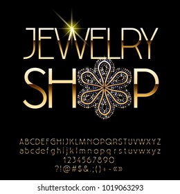 Vector Gold logo Jewelry Shop with Alphabet. Set of slim Letters, Numbers and Symbols. 