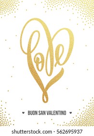 Vector gold luxury heart Valentine love Italian lettering text on golden sequins pattern for premium greeting card.