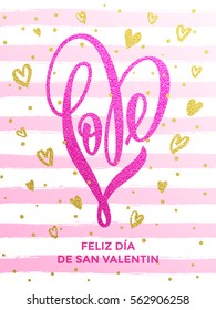 Vector gold luxury heart Valentine love Spanish lettering text on golden wavy pattern for premium pink black greeting card.