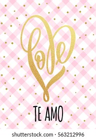 Vector gold luxury heart Valentine love Spanish lettering text on golden sequins pattern for premium pink greeting card.