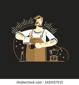 Vector Gold of male barista character with cups of coffee in coffee bar