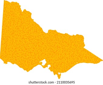 Vector Gold map of Australian Victoria. Map of Australian Victoria is isolated on a white background. Gold items mosaic based on solid yellow map of Australian Victoria.