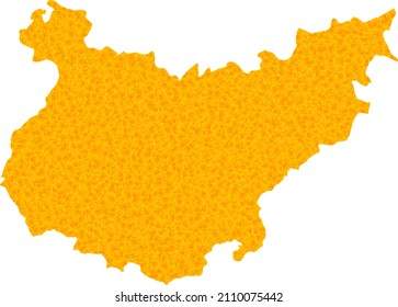 Vector Gold map of Badajoz Province. Map of Badajoz Province is isolated on a white background. Gold items mosaic based on solid yellow map of Badajoz Province.