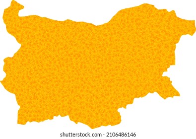 Mapa del oro vectorial de Bulgaria. El mapa de Bulgaria está aislado en un fondo blanco. Textura de objetos de oro basada en el mapa amarillo sólido de Bulgaria.
