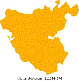 Vector Gold map of Cadiz Province. Map of Cadiz Province is isolated on a white background. Gold particles texture based on solid yellow map of Cadiz Province.