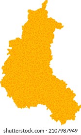 Mapa de oro vectorial de la provincia de Champagne. Mapa de la provincia de Champagne aislado en un fondo blanco. Textura de partículas de oro basada en un mapa amarillo sólido de la provincia de Champagne.