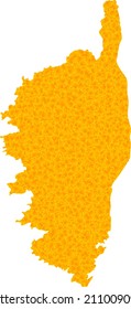 Vector Gold map of Corsica. Map of Corsica is isolated on a white background. Gold items mosaic based on solid yellow map of Corsica.