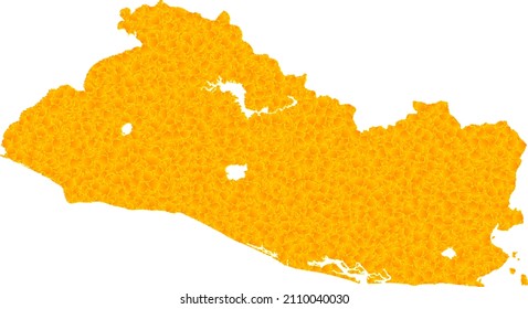 Vector Gold map of El Salvador. Map of El Salvador is isolated on a white background. Gold items mosaic based on solid yellow map of El Salvador.